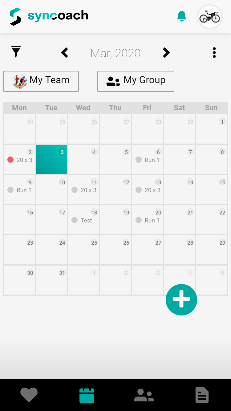 Image of calendar page of syncoach application