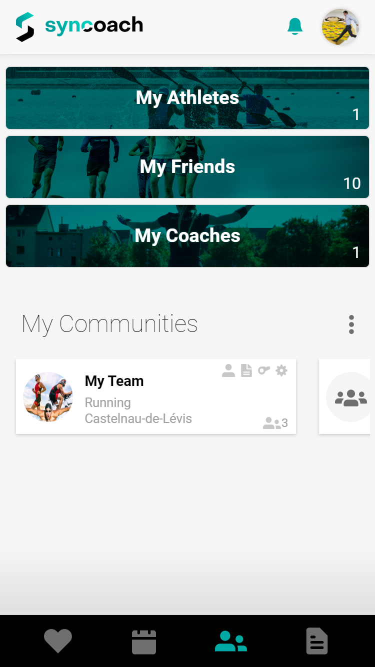 Image of communities page of syncoach application